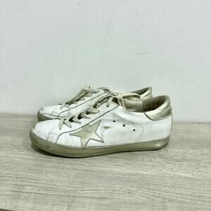 Golden Goose Super-Star Leather Low Top Sneakers White/Gold Silver Women's EU 39